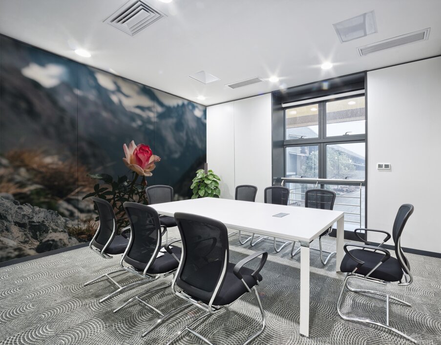 nestled amidst a rugged mountain landscape a soli Wall Printing