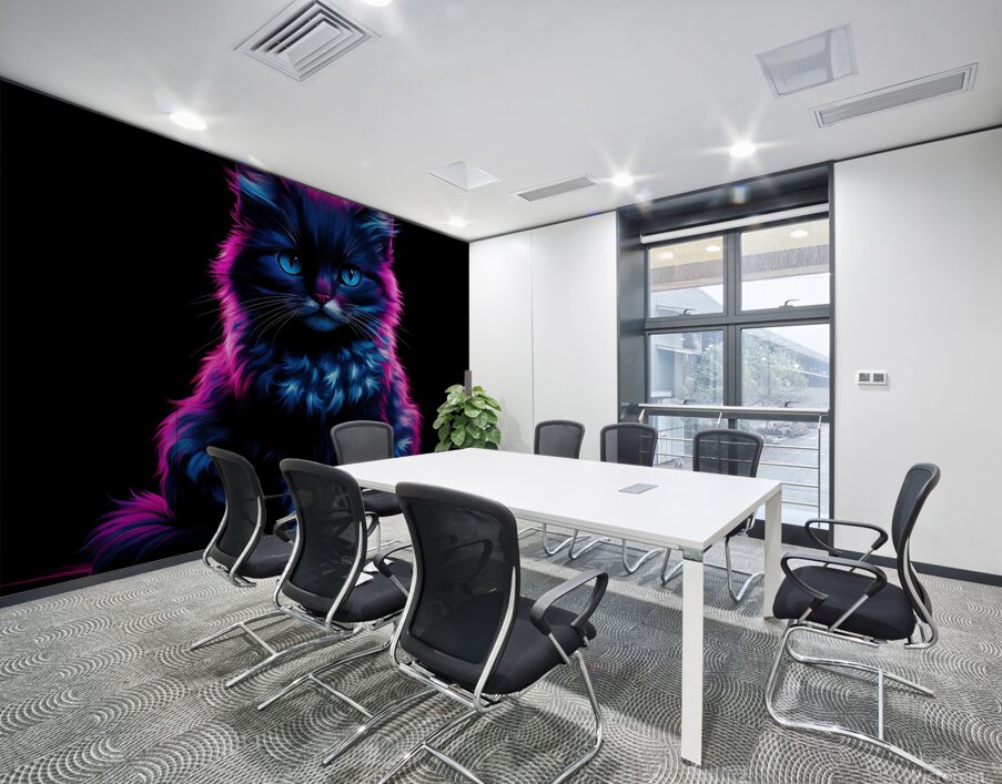 A vibrant neon-illuminated depiction of a cat. The cat has a dark Wall Printing