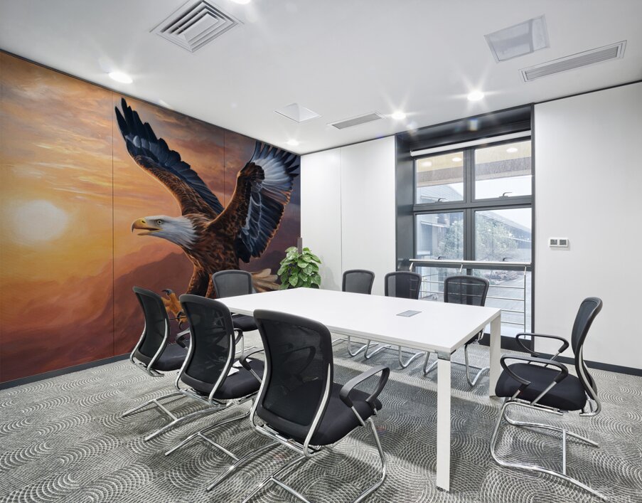 An eagle appears soaring against the backdrop of a stunning sunrise with its majestic wings Wall Printing