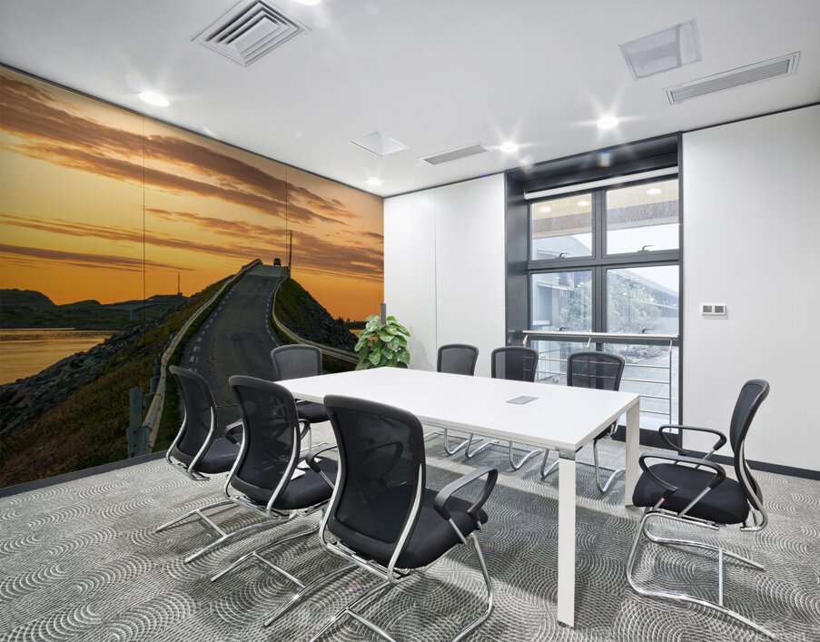 A car on the Fredvang bridges in Lofoten Norway with a beautiful sunset over the sea.  Wall Printing