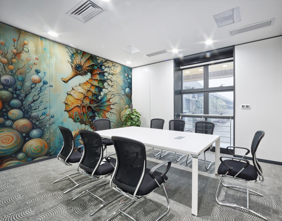 300 Mixed media painting of a whimsical seahorse. Wall Printing