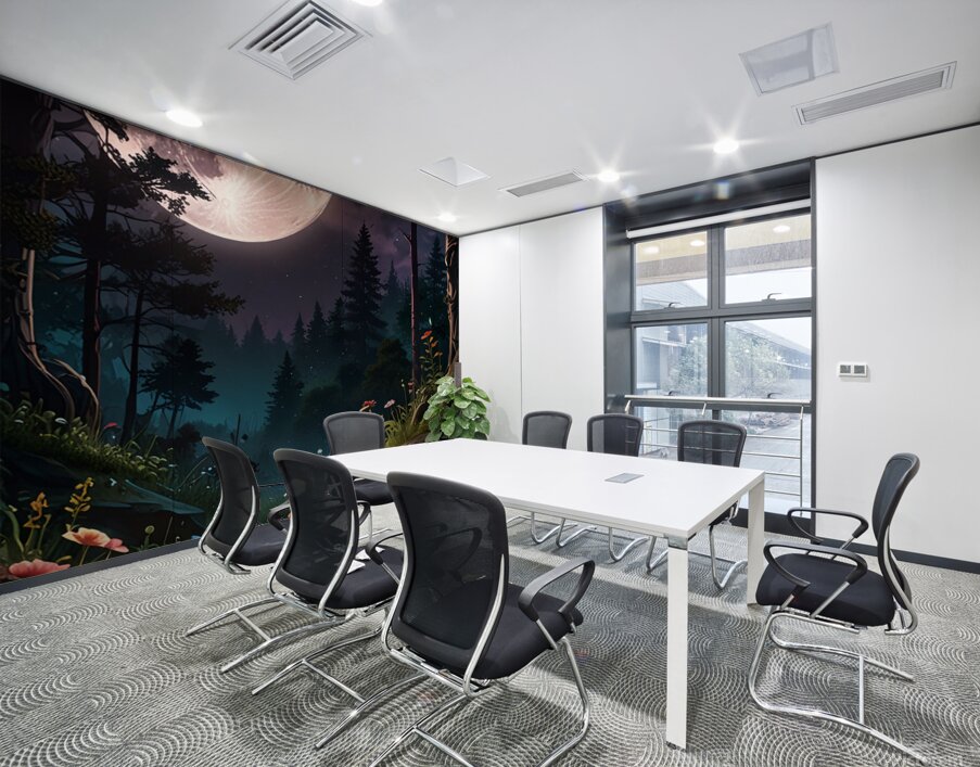 A forest filled with vibrant flowers and lush greenery all lit by the soft glow of the moon.  Wall Printing