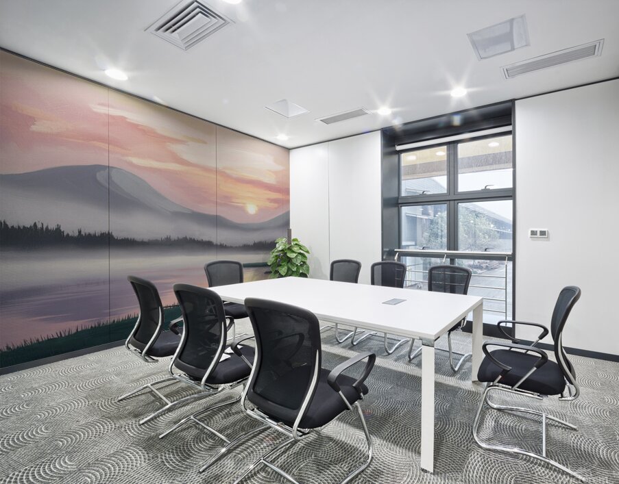 A misty mountain range and a tranquil lake at sunrise Wall Printing