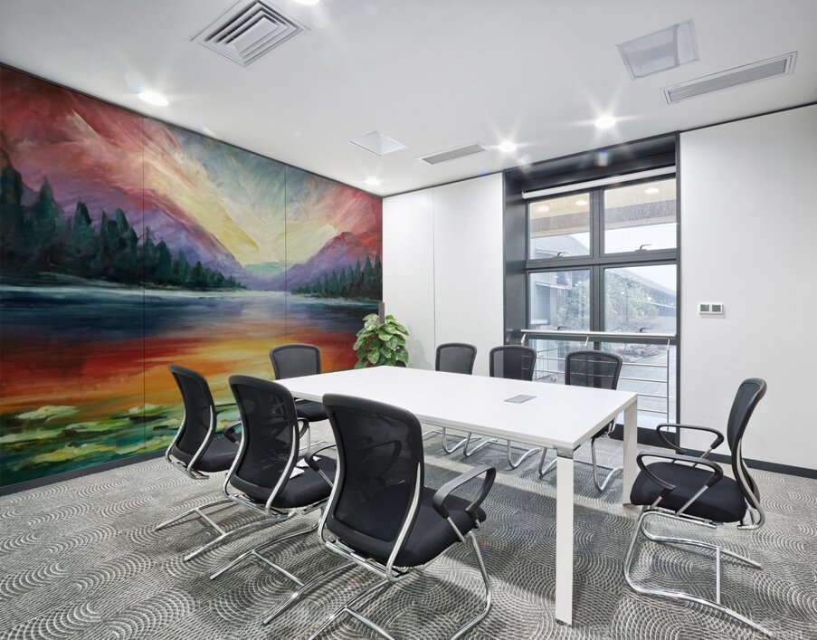 A stunning landscape painting of a serene lake surrounded by lush forests and majestic mountains Wall Printing