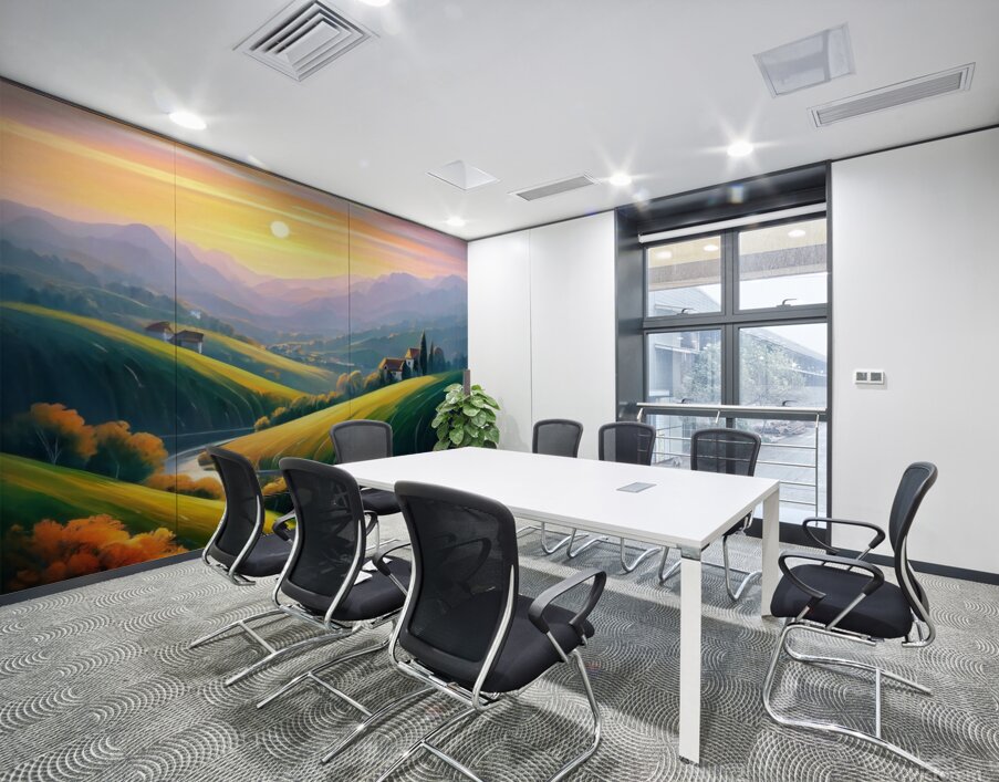 A stunning landscape with a vibrant sunset over rolling hills and valleys Wall Printing