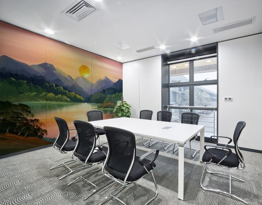 A stunning landscape scene with a vibrant sunset over a serene lake surrounded by towering mountains Wall Printing