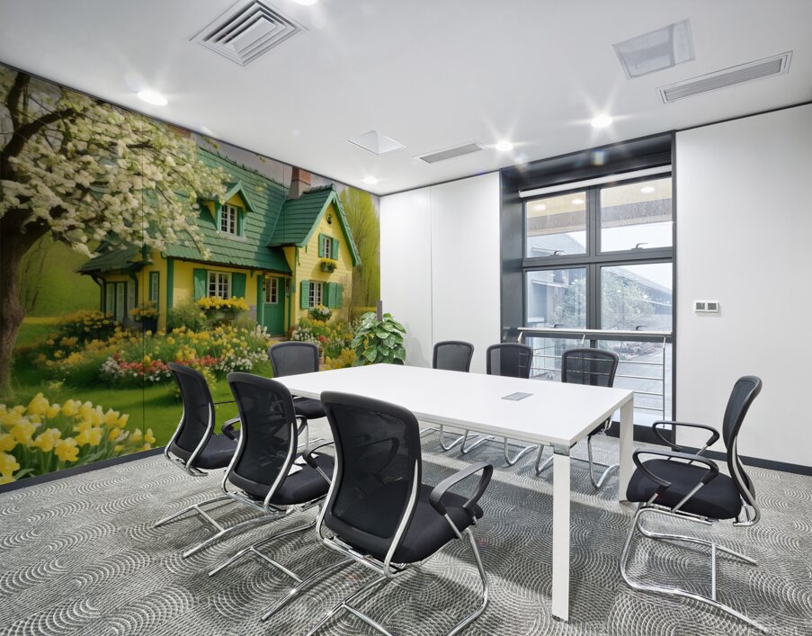 romantic april cottage with flowers in green and Wall Printing