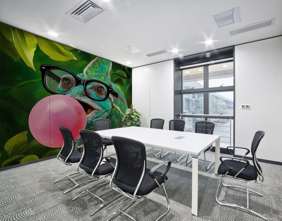 A chameleons wearing glasses and blowing a bubble Wall Printing