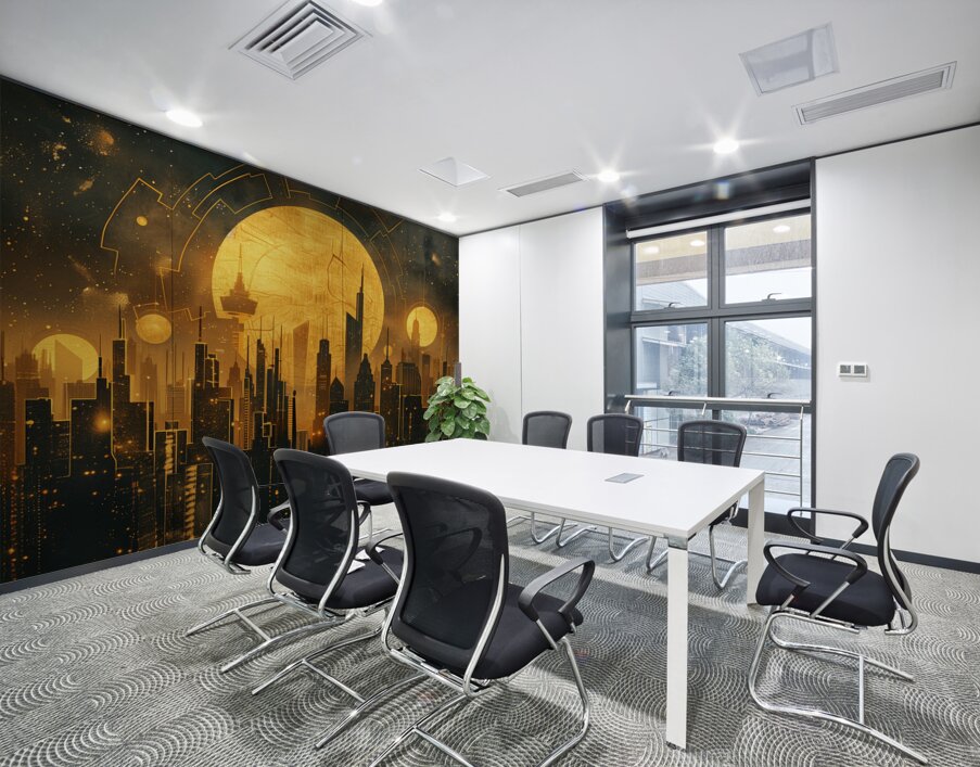 A celestial cityscape where skyscrapers and lan f Wall Printing