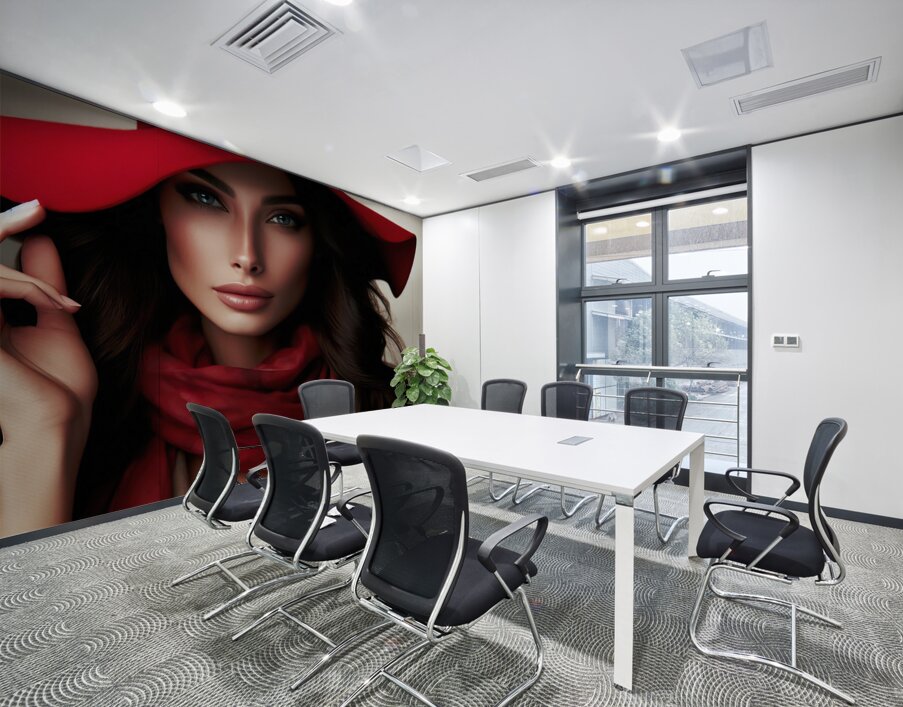56 Elegant Woman in Red Hat and Scarf Wall Printing