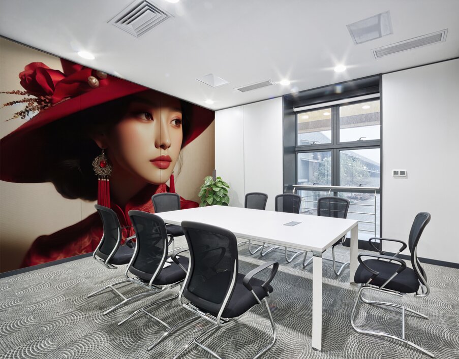 54 Elegant Woman in Red Hat and Scarf Wall Printing