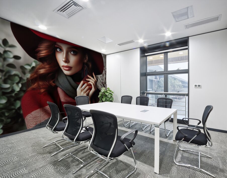 53 Elegant Woman in Red Hat and Scarf Wall Printing