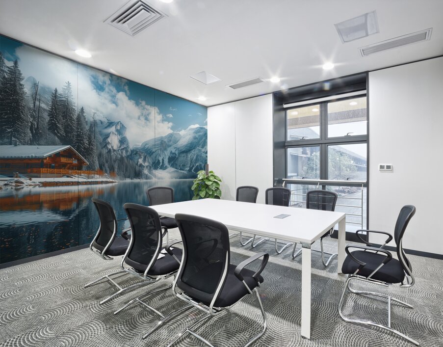 A serene mountain lake surrounded by snow cappe 8 Wall Printing