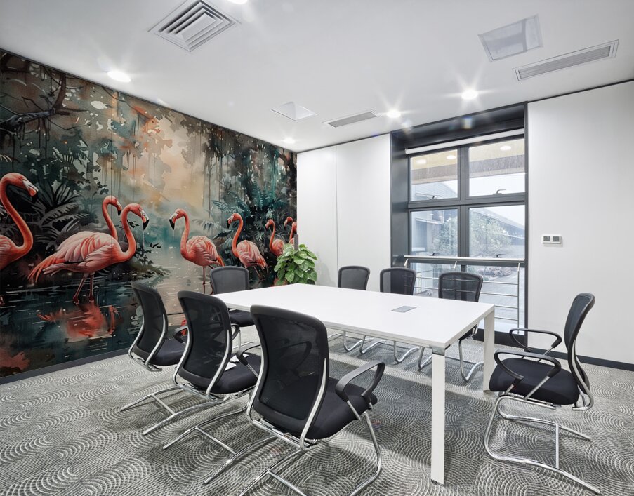 A stunning panorama of a flock of flamingos wad d Wall Printing