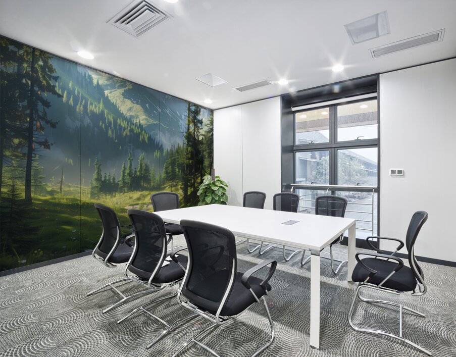 A tranquil mountain stream winds through the fo b Wall Printing