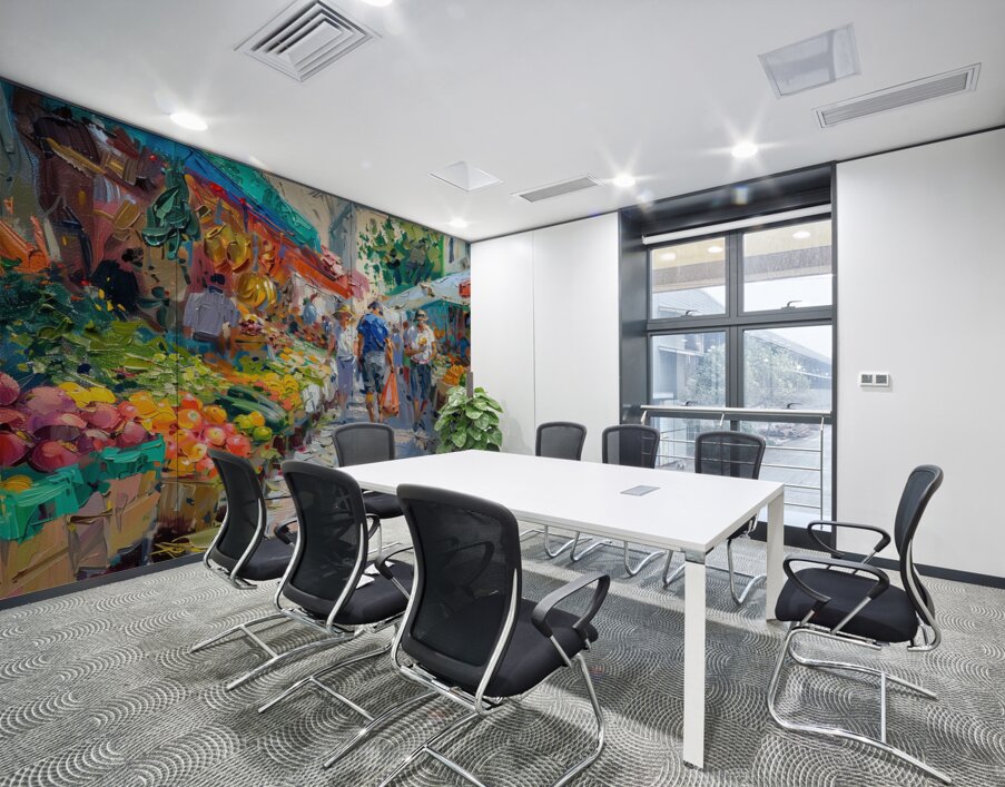 A vibrant market scene bustling with activity w f Wall Printing