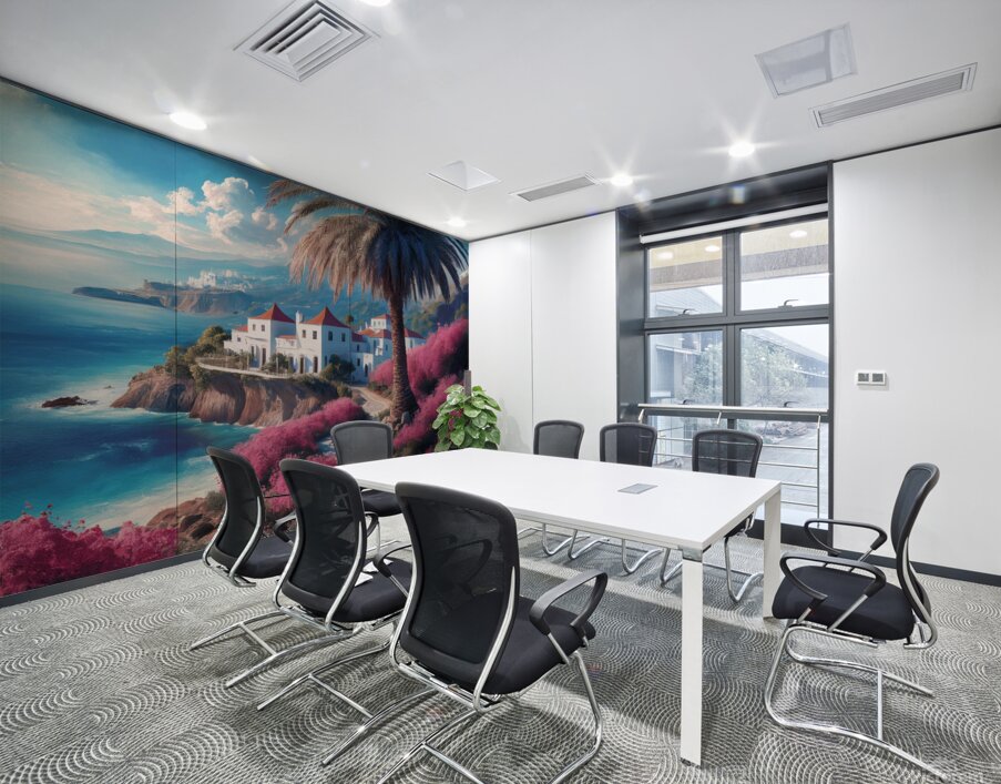 Tranquil coastal scene A tall palm tree stands prominently on the beach Wall Printing