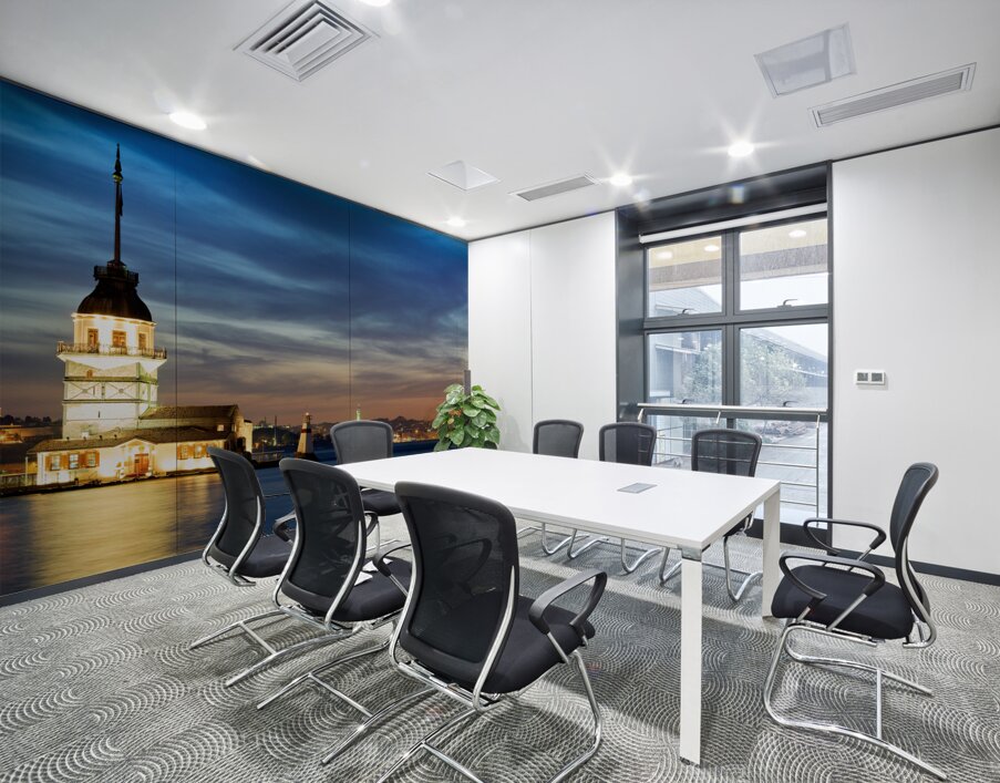 Istanbul Turkey. The Maidens tower on the Bosphorus and the Süleymaniye Mosque at sunset Wall Printing