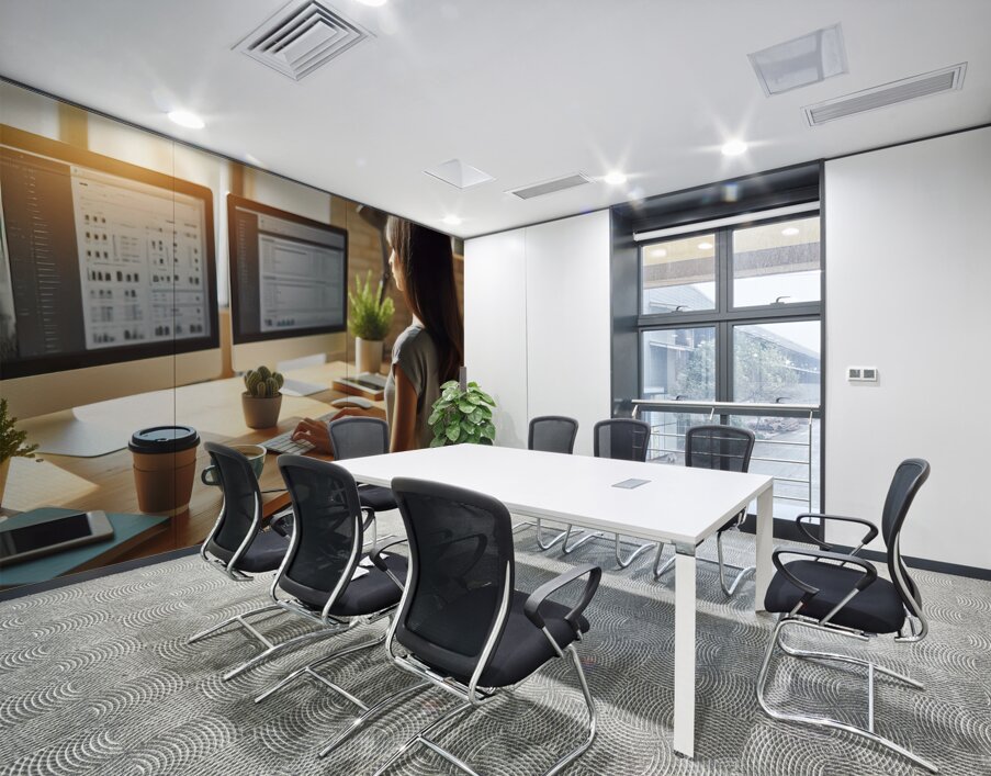 87 Woman working with her back at a desk with two 1718050788.6058 Wall Printing