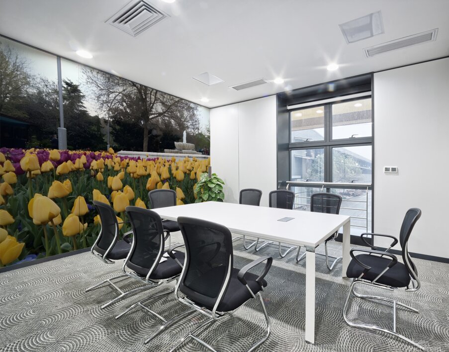 A beautiful view of the water fountain and color flowers Wall Printing