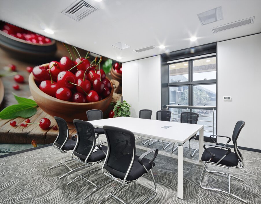 160 Red cherries on wooden board Wall Printing