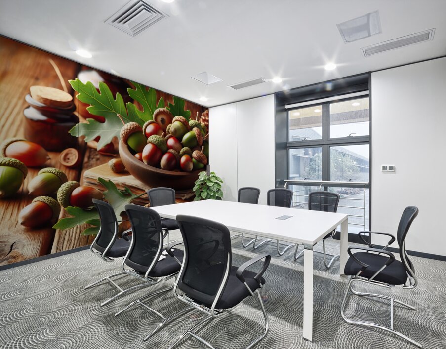 302 acorns and leaves on wooden table with copy s Wall Printing