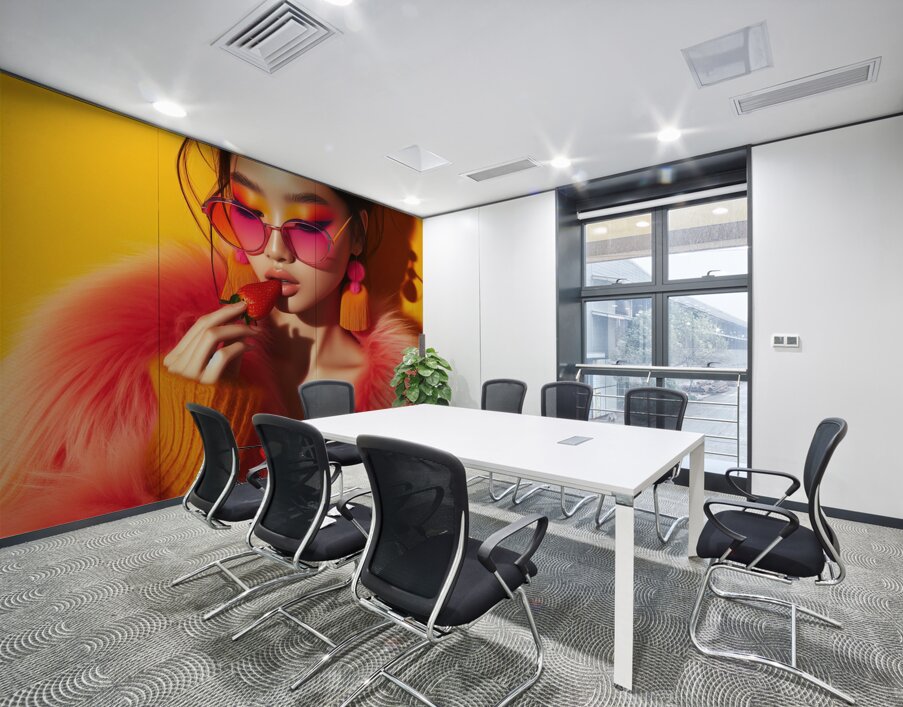 330 Young model in a vibrant colored suit eating Wall Printing