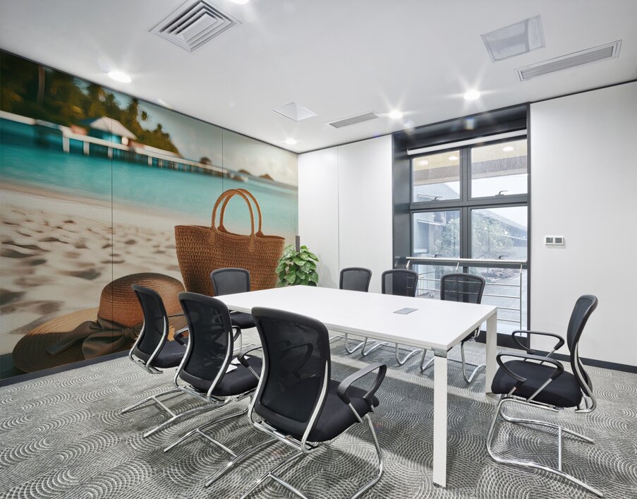 353 Bag with straw hat on the white sand on the t Wall Printing