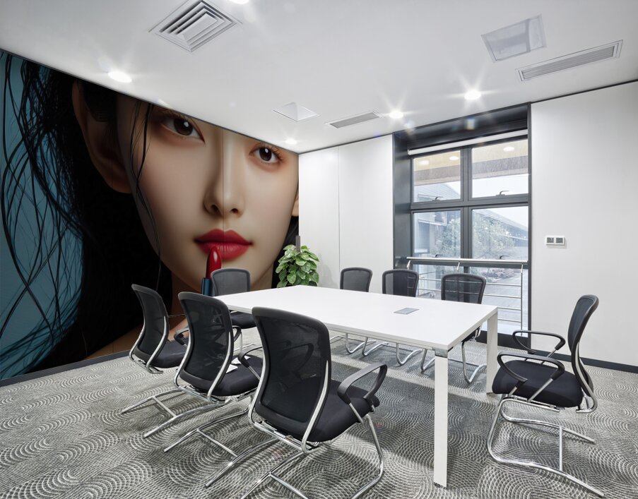 386 Women s red lipstick on blue background femin Wall Printing