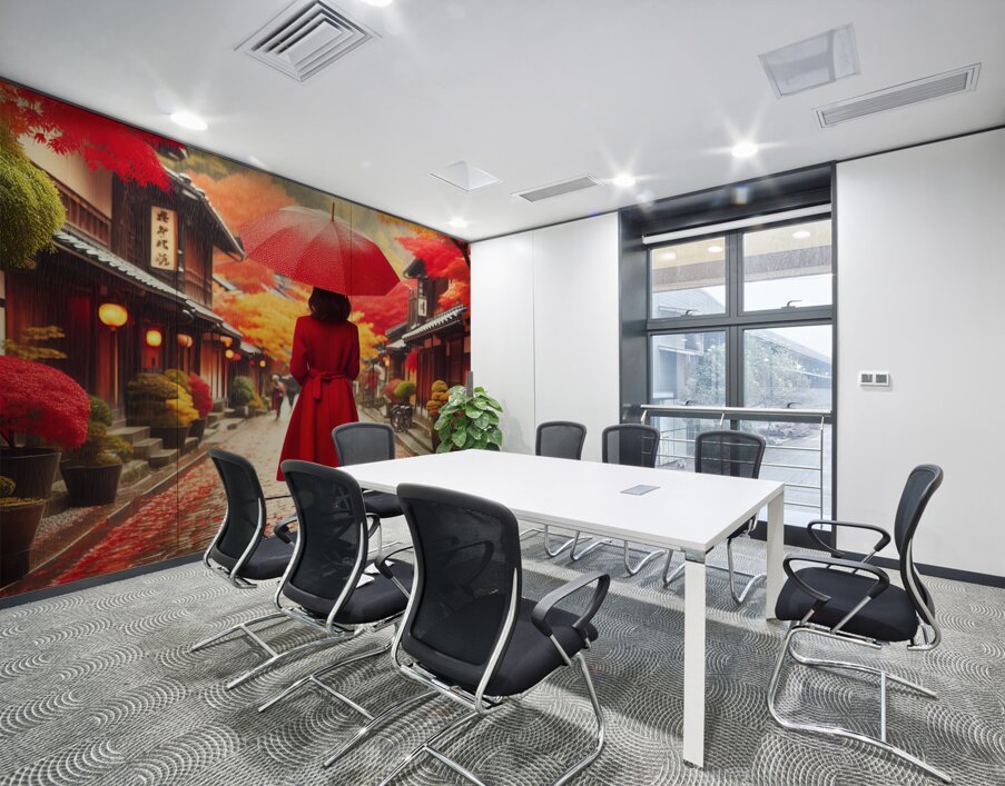 378 Woman in Red Coat with Red Umbrella from behi Wall Printing