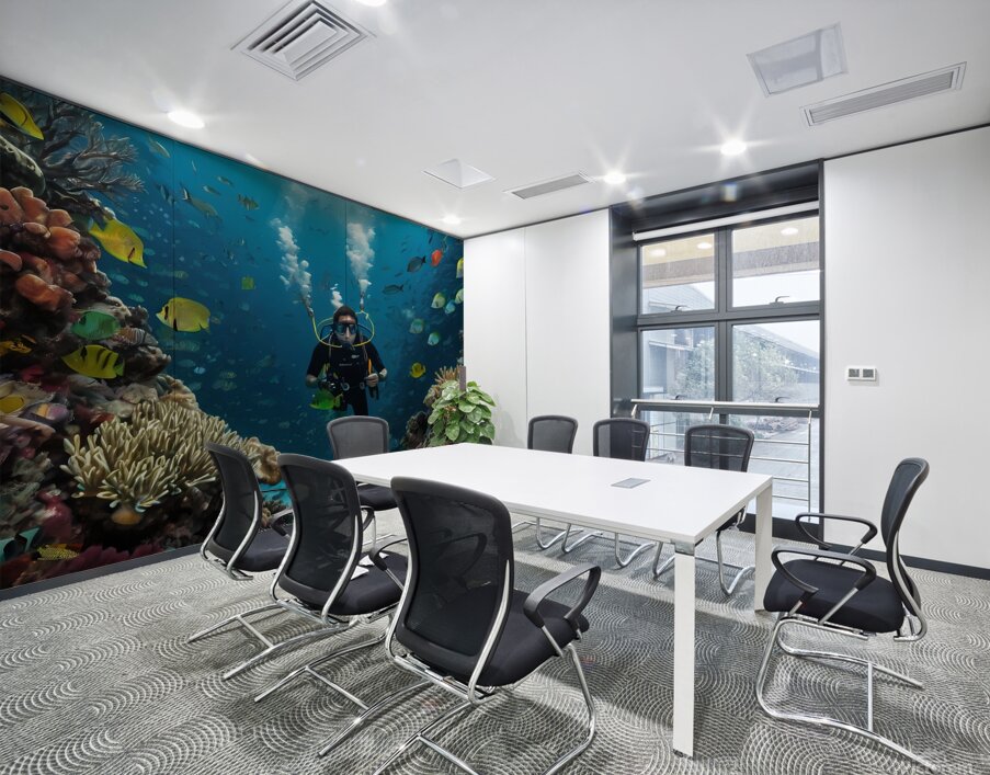 Default The mural is a highquality depiction of an underwater scene featuring a male diver exploring the depths of the ocean Wall Printing