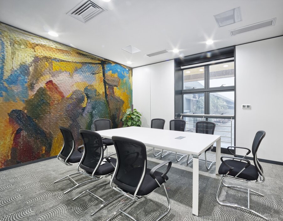 Talking under white tent. Wall Printing