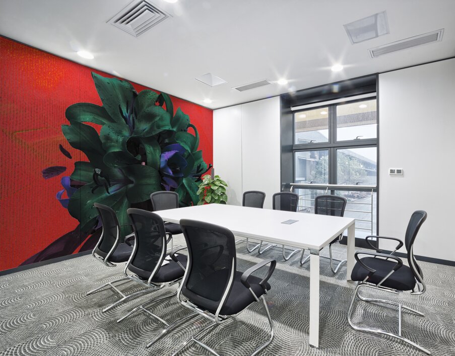 Abstract Green and Blue Lilies on a Red Background Wall Printing