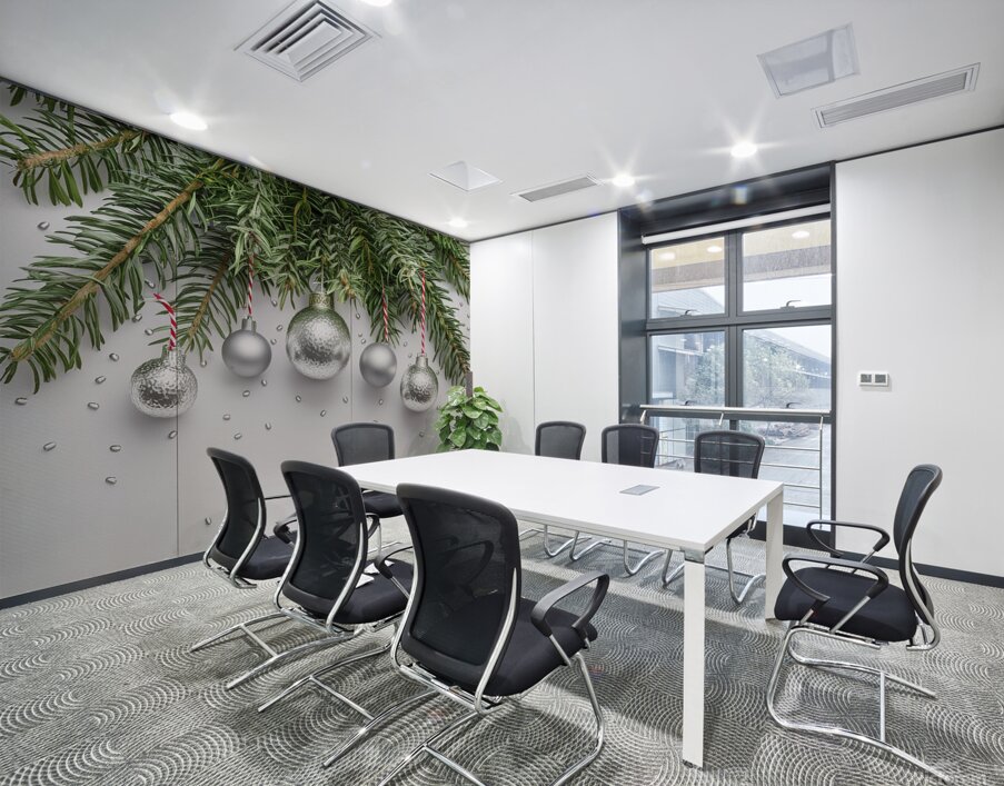 Christmas festive decoration in the form of a Christmas tree with silver toys Wall Printing