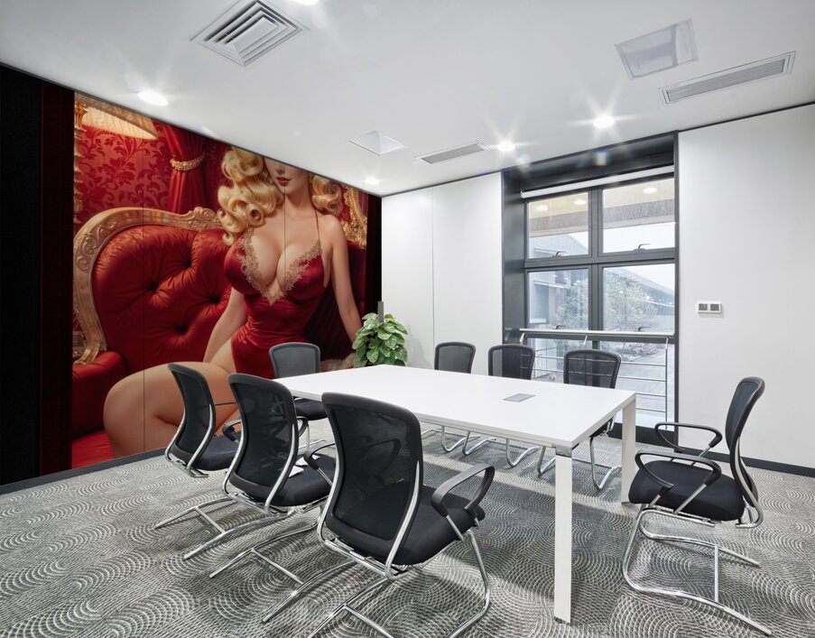 An Elegant Blonde Bombshell Pin Up Girl Sitting On A Red Velvet Sofa Gorgeous AI Concept Art by Xzendor7 Wall Printing