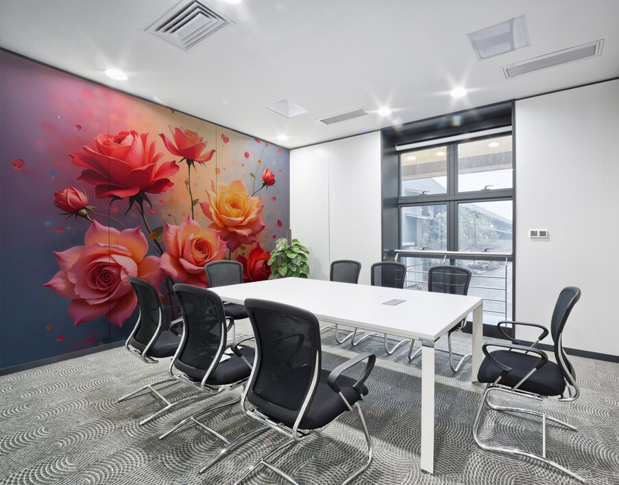 A vibrant painting of numerous roses showcasing delicate petals and shimmering dew creating a romantic atmosphere. Generative Al  Wall Printing