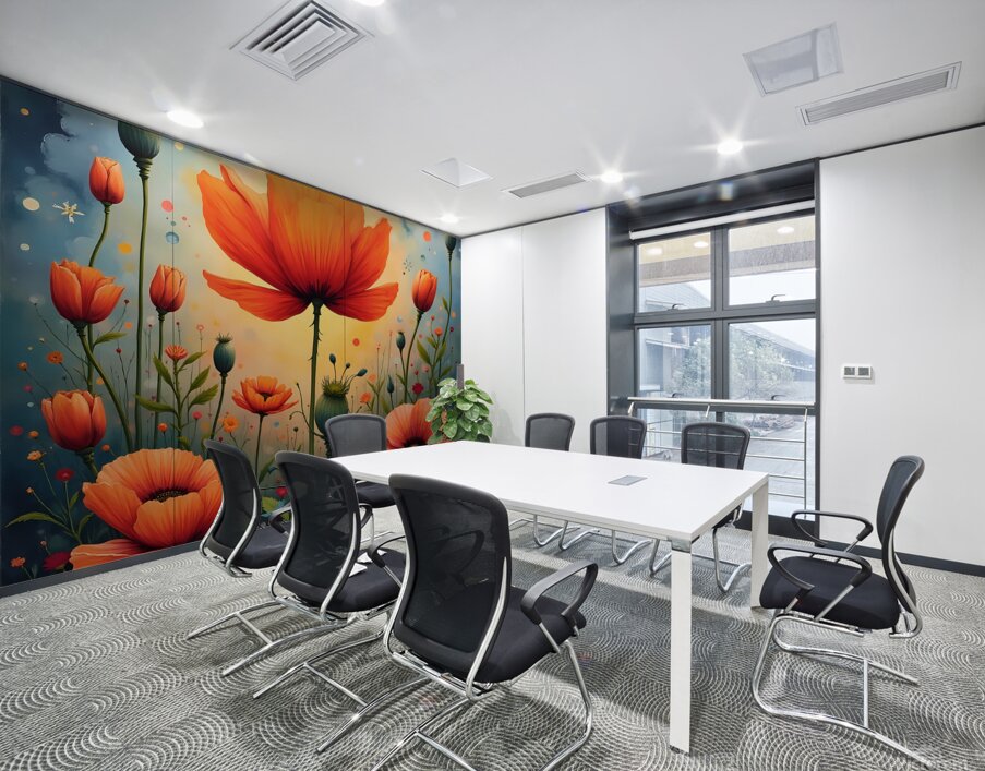 A vibrant painting of red poppies in a sunlit field with a central orange poppy and a dreamy blue sky above. Generative Al Wall Printing