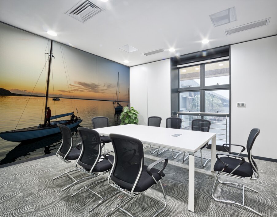 Sailing boats coming back into the harbour during scenic sunset at the Baltic Sea in Northern Germany Wall Printing