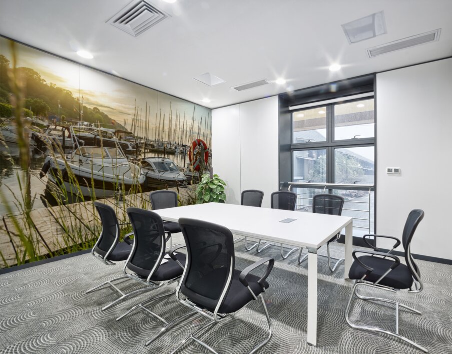 Sunset over pier and marina in Langballigau at the Baltic Sea in Northern Germany Wall Printing