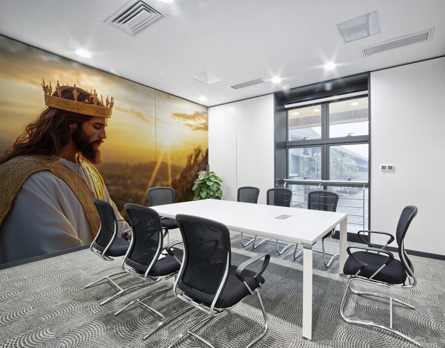 Jesus Christ in regal attire standing on a hill at sunset contemplating nature and spirituality Wall Printing