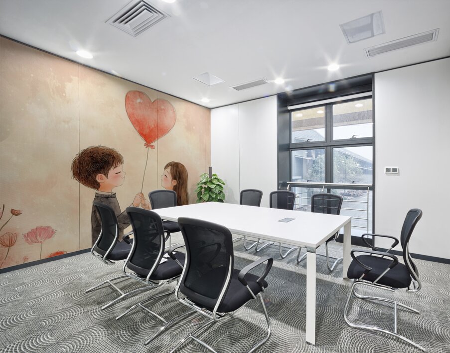 Children holding a heart balloon in a flower filled garden during a warm day Wall Printing