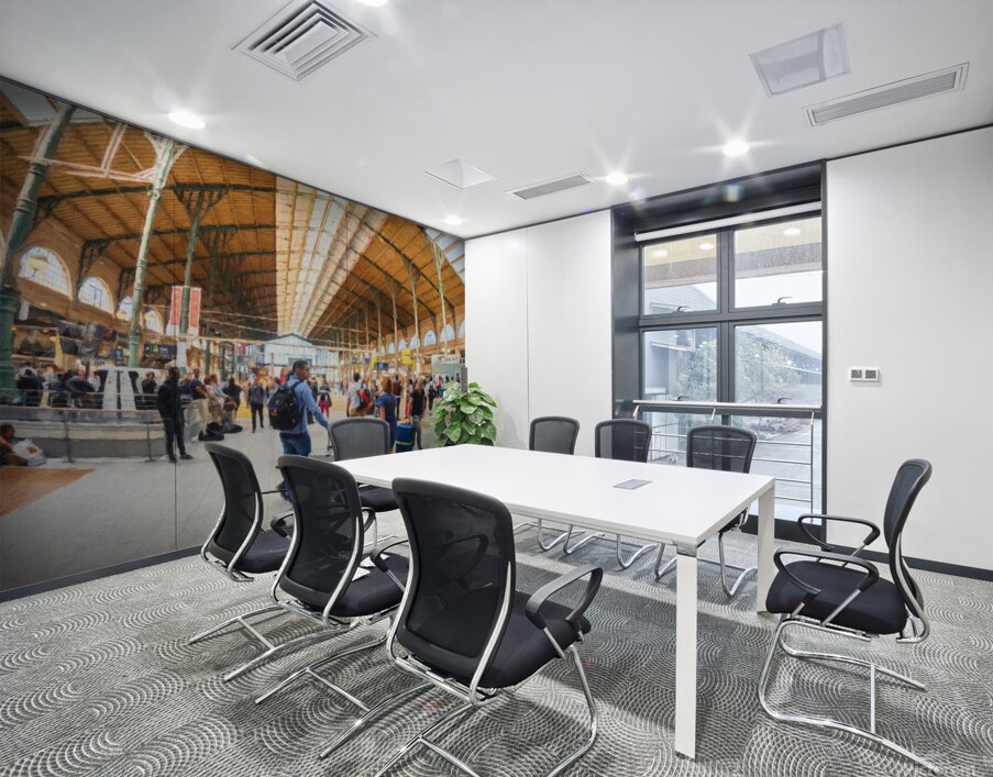 wide angle view of group of tourists with luggage on inside larg Wall Printing
