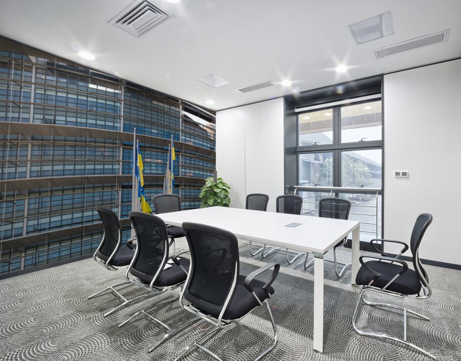 Front view of Ukrainian flag flies next to the Flag of Europe in front of Parliament building Wall Printing
