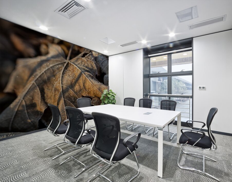 Closeup macro shot of withered brown maple leaf covered by beautiful ice crystals  Wall Printing