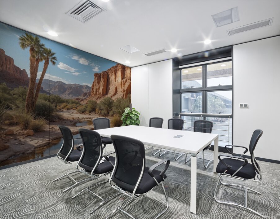Serene Desert Landscape with Stream and Palm Trees Wall Printing