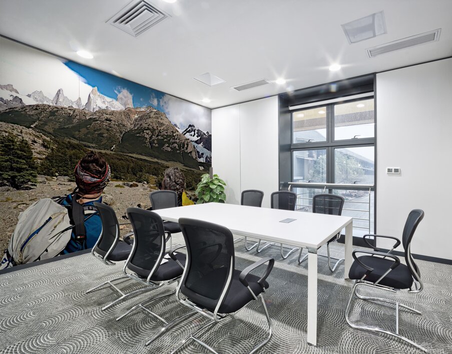 Fitz Roy Massif and Glacier Piedras Blancas behind explorers Wall Printing