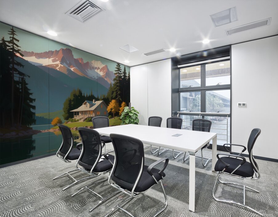 openart a painting of a lake with a house  Wall Printing