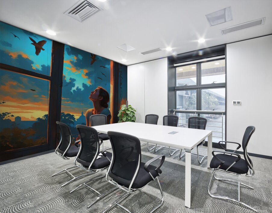 A woman in a simple dress leans on a window sill of an old house Wall Printing