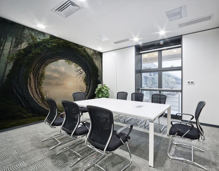 Surreal background depicting a huge portal opening into a fantasy world. The portal is made of intertwined trees Wall Printing