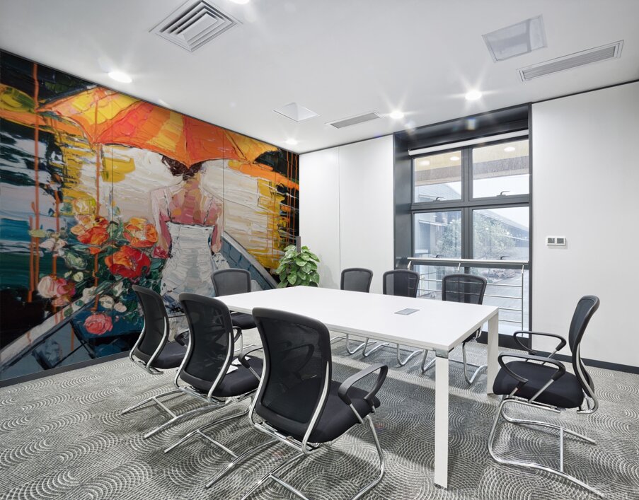 Serene Reflections – A Woman with an Orange Umbrella Wall Printing